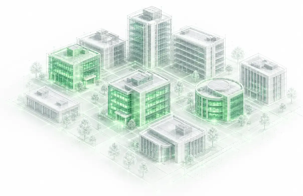 A portfolio of commercial buildings with selected facilities illuminated in green
